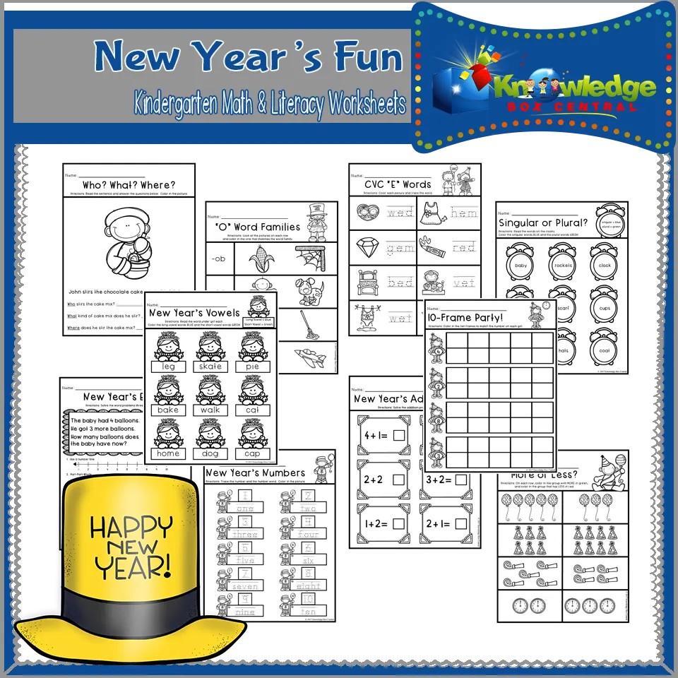 An educational teaching resource from Knowledge Box Central entitled New Year's Fun Kindergarten Math & Literacy Worksheets - EBOOK downloadable at Teach Simple.