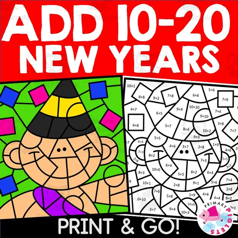 An educational teaching resource from PRIMARY PIGLETS entitled New Years Math Coloring Pages Addition Sums 10 to 20 Color by Number Code Sheets downloadable at Teach Simple.