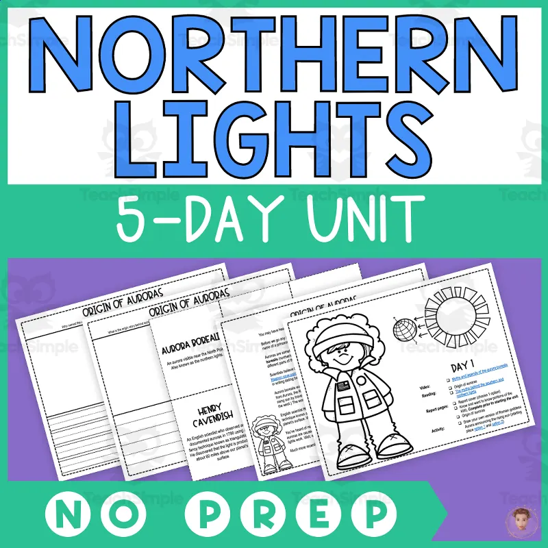 An educational teaching resource from Heather Huhman entitled Northern Lights Unit Study (5-Day Lesson Plan, Original Reading Passages, and Activities) downloadable at Teach Simple.