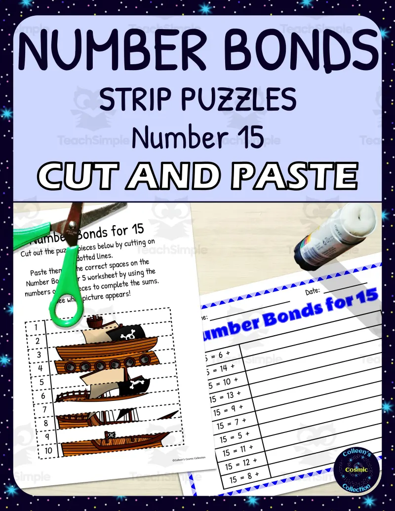Number Bonds for 15 Practice - Cut and Paste Strip Puzzle by Teach Simple