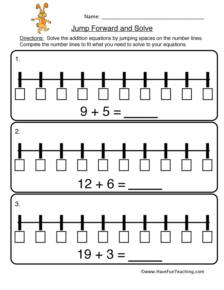 An educational teaching resource from Have Fun Teaching entitled Number Line Jump Forward and Solve Worksheet downloadable at Teach Simple.