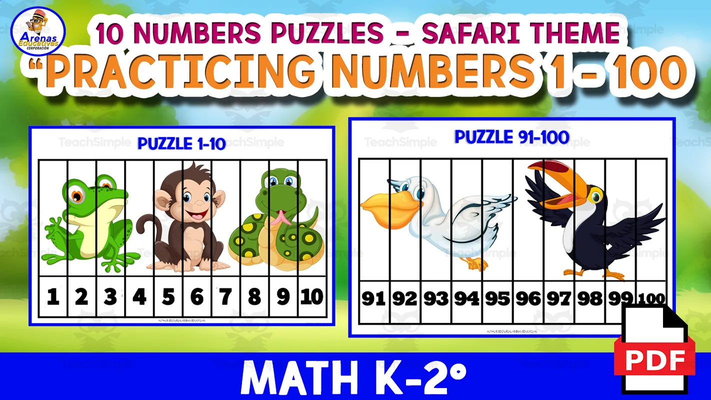 An educational teaching resource from ARENAS EDUCATIVAS entitled NUMBER PUZZLES "1-100" - SAFARI THEME downloadable at Teach Simple.