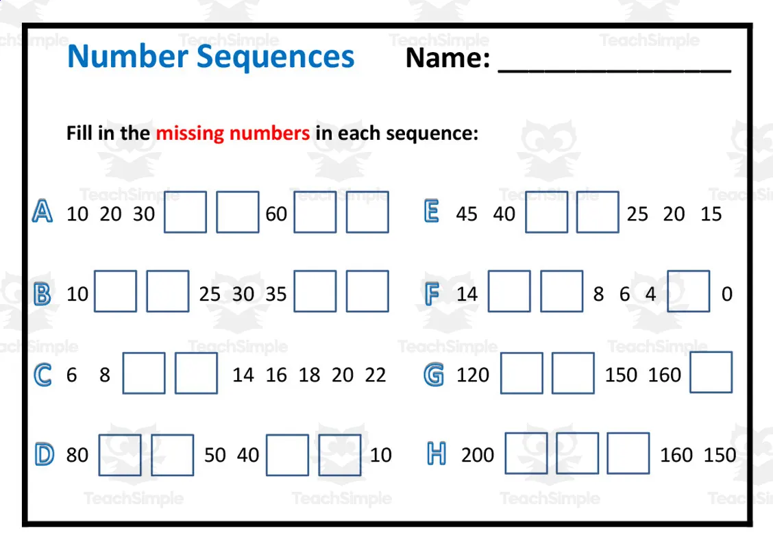 Number Sequences Worksheet by Teach Simple