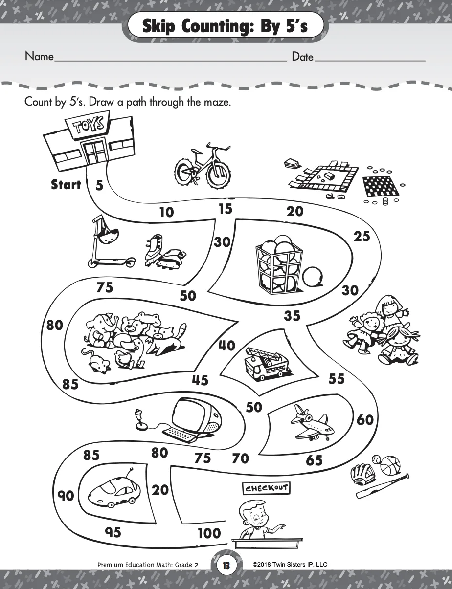 An educational teaching resource from Twin Sisters Digital Media entitled Numbers to 999, Patterns, and Money Printable Workbook for 2nd Grade downloadable at Teach Simple.