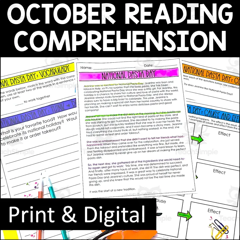 An educational teaching resource from Life Beyond the Gradebook entitled October Reading Comprehension Passages | Monthly Reading Passages downloadable at Teach Simple.