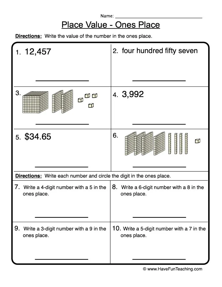 Ones Place Value Worksheet by Teach Simple