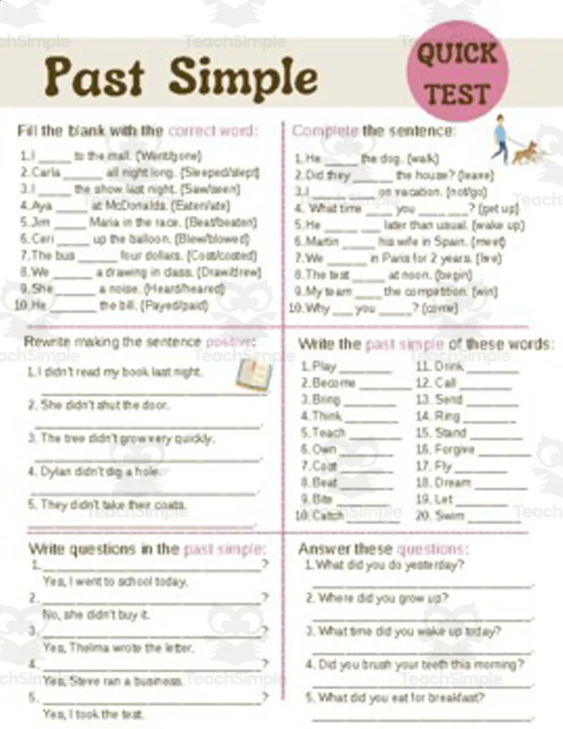 An educational teaching resource from The Laughing Linguist entitled Past Simple - Test Worksheet for English & ESL Students downloadable at Teach Simple.