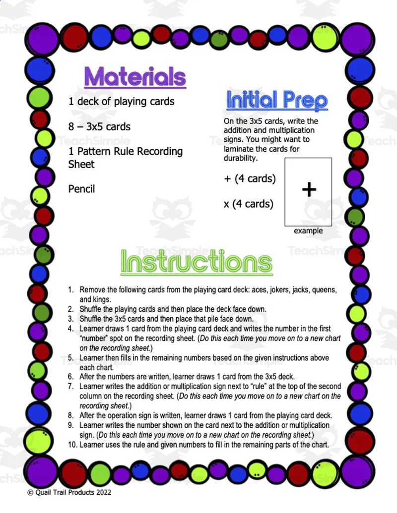 An educational teaching resource from Quail Trail Products entitled Pattern Rule Card Game downloadable at Teach Simple.