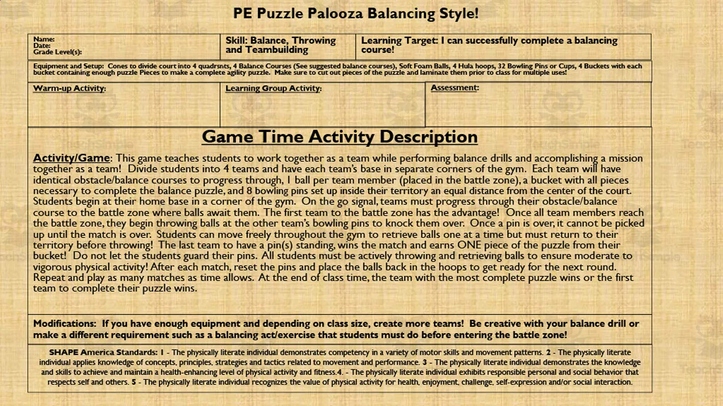PE Puzzle Palooza Activity Balancing by Teach Simple