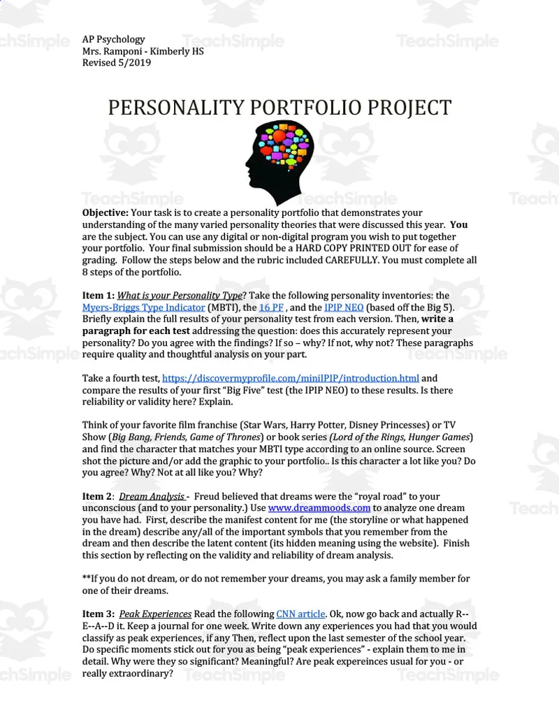 An educational teaching resource from Skinner's Box entitled Personality Portfolio Project downloadable at Teach Simple.