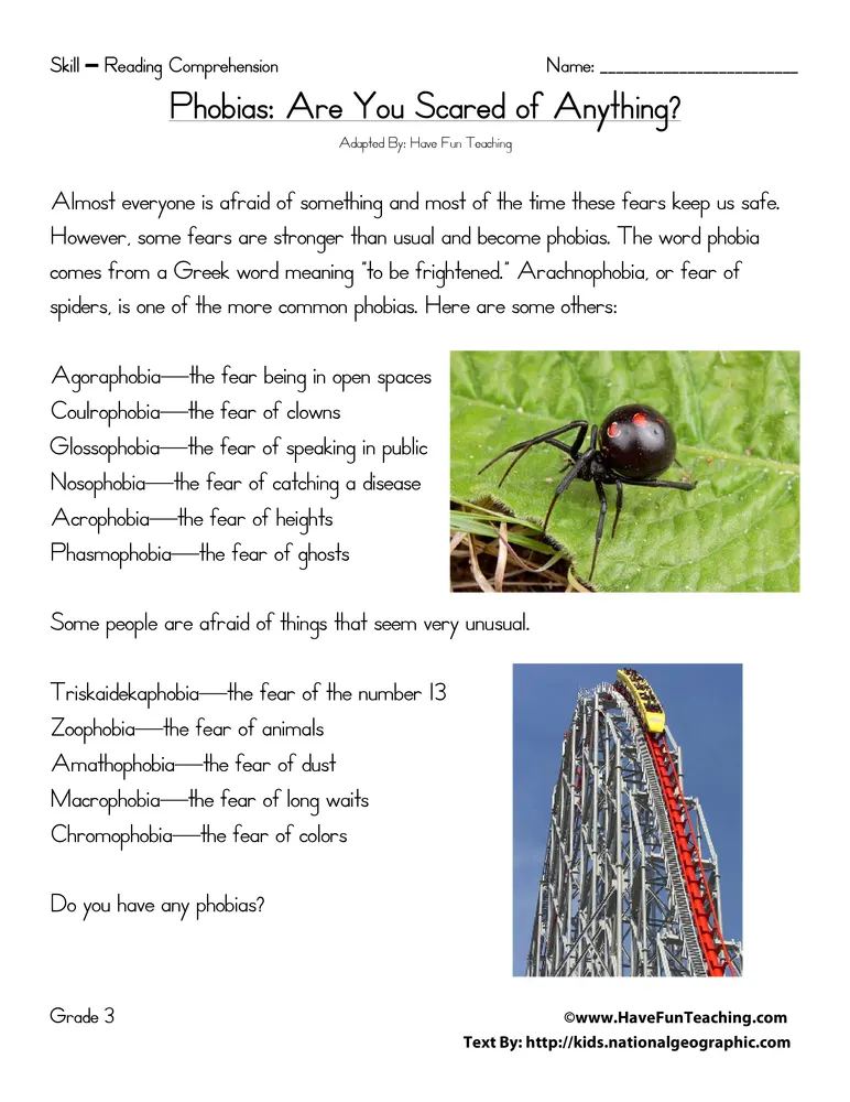 An educational teaching resource from Have Fun Teaching entitled Phobias: Are You Scared of Anything? Reading Comprehension Worksheet downloadable at Teach Simple.