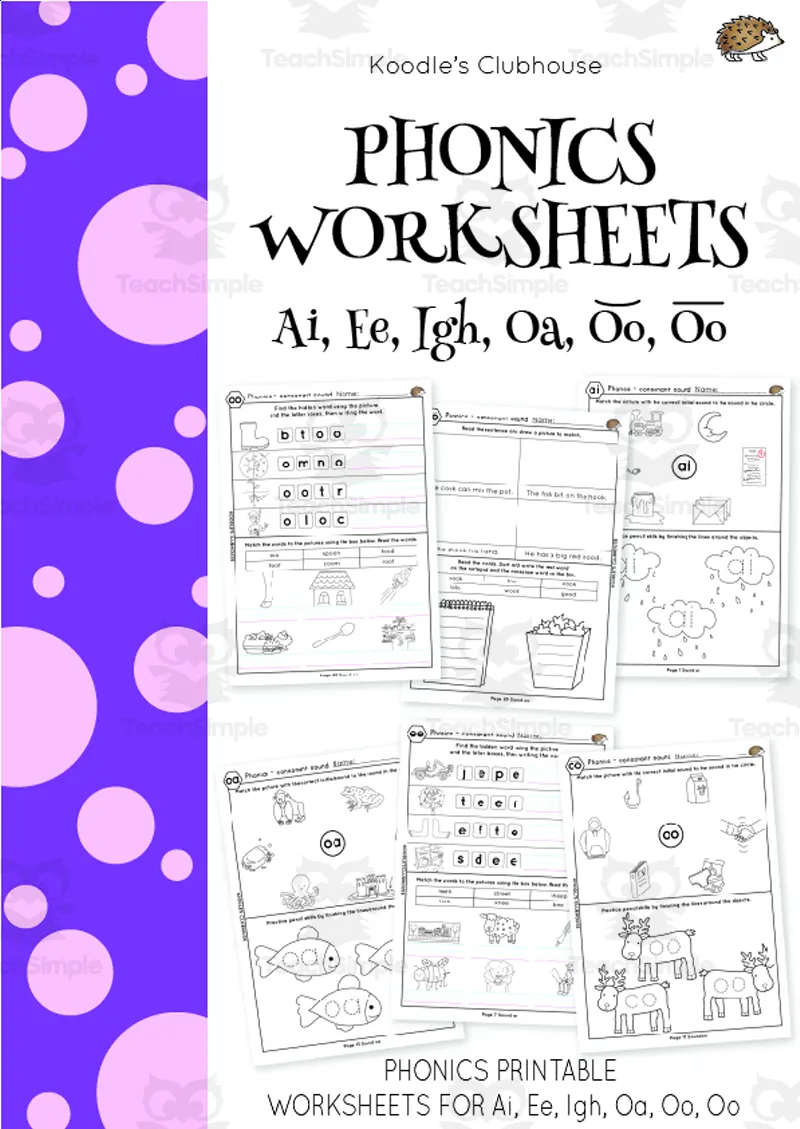 Phonics Ai, Ee, Igh, Oa, Oo, Oo Worksheets by Teach Simple