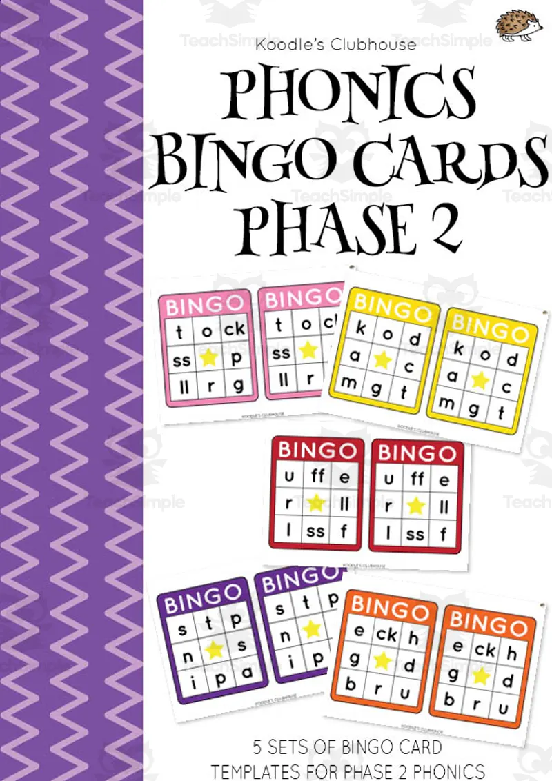 An educational teaching resource from Koodles Clubhouse entitled Phonics Bingo Cards Phase 2 downloadable at Teach Simple.