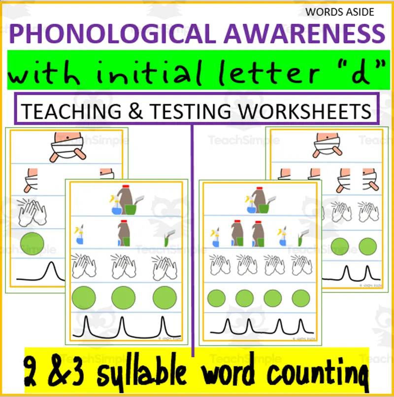 An educational teaching resource from WORDS ASIDE entitled PHONOLOGICAL AWARENESS| 2&3 syllable word counting| initial letter “d” downloadable at Teach Simple.