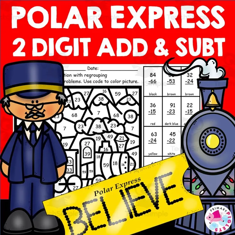 An educational teaching resource from PRIMARY PIGLETS entitled POLAR EXPRESS MATH ACTIVITIES 2-DIGIT ADDITION & SUBTRACTION COLOR BY NUMBER downloadable at Teach Simple.