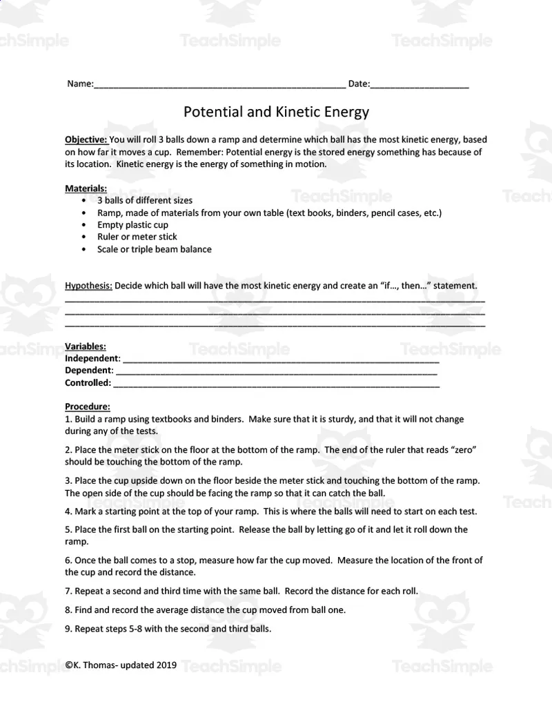 An educational teaching resource from Maude in the Middle entitled Potential and Kinetic Energy Lab downloadable at Teach Simple.