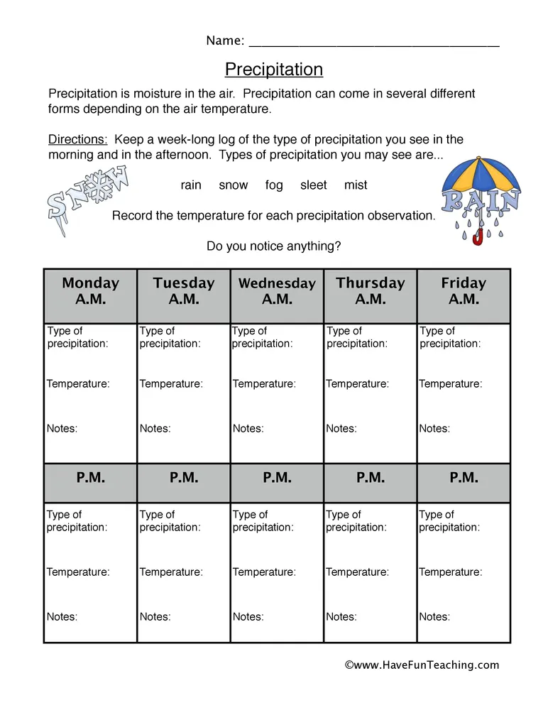 An educational teaching resource from Have Fun Teaching entitled Precipitation Research Worksheet downloadable at Teach Simple.