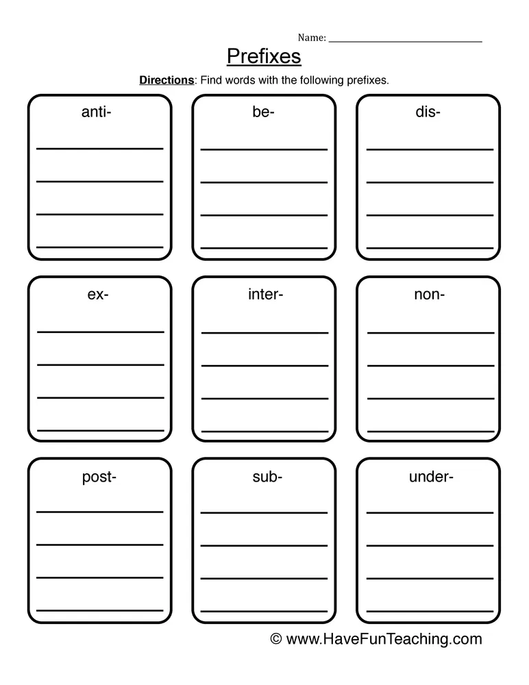 An educational teaching resource from Have Fun Teaching entitled Prefix List Worksheet downloadable at Teach Simple.