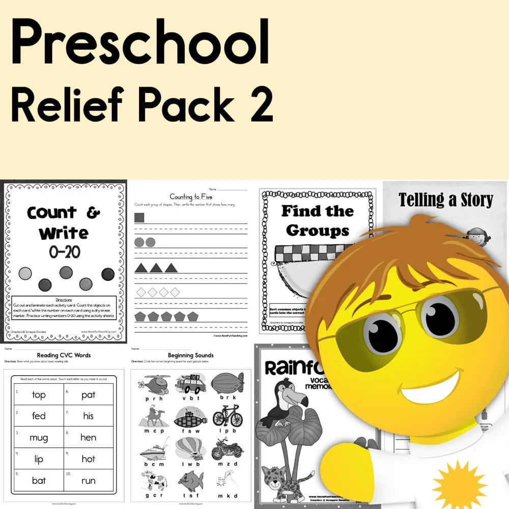 An educational teaching resource from Have Fun Teaching entitled Preschool Coronavirus Relief Pack 2 downloadable at Teach Simple.