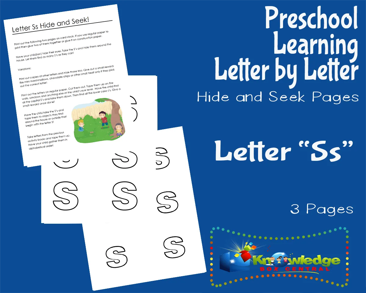 An educational teaching resource from Knowledge Box Central entitled Preschool Letter by Letter: Letter S - Hide and Seek downloadable at Teach Simple.