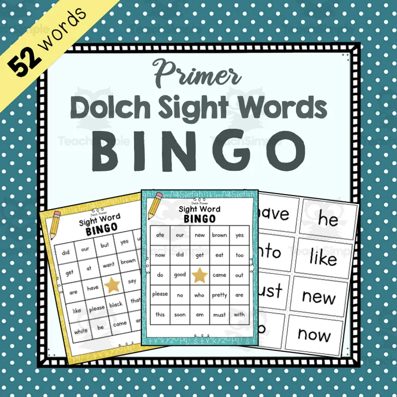 An educational teaching resource from Simply Schoolgirl entitled Primer Sight Word Bingo downloadable at Teach Simple.