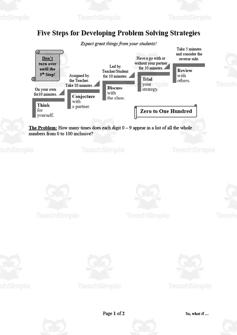 An educational teaching resource from So, what if ... by Ian F Hailes entitled Problem Solving Strategies: Zero to One Hundred | Math Worksheet downloadable at Teach Simple.