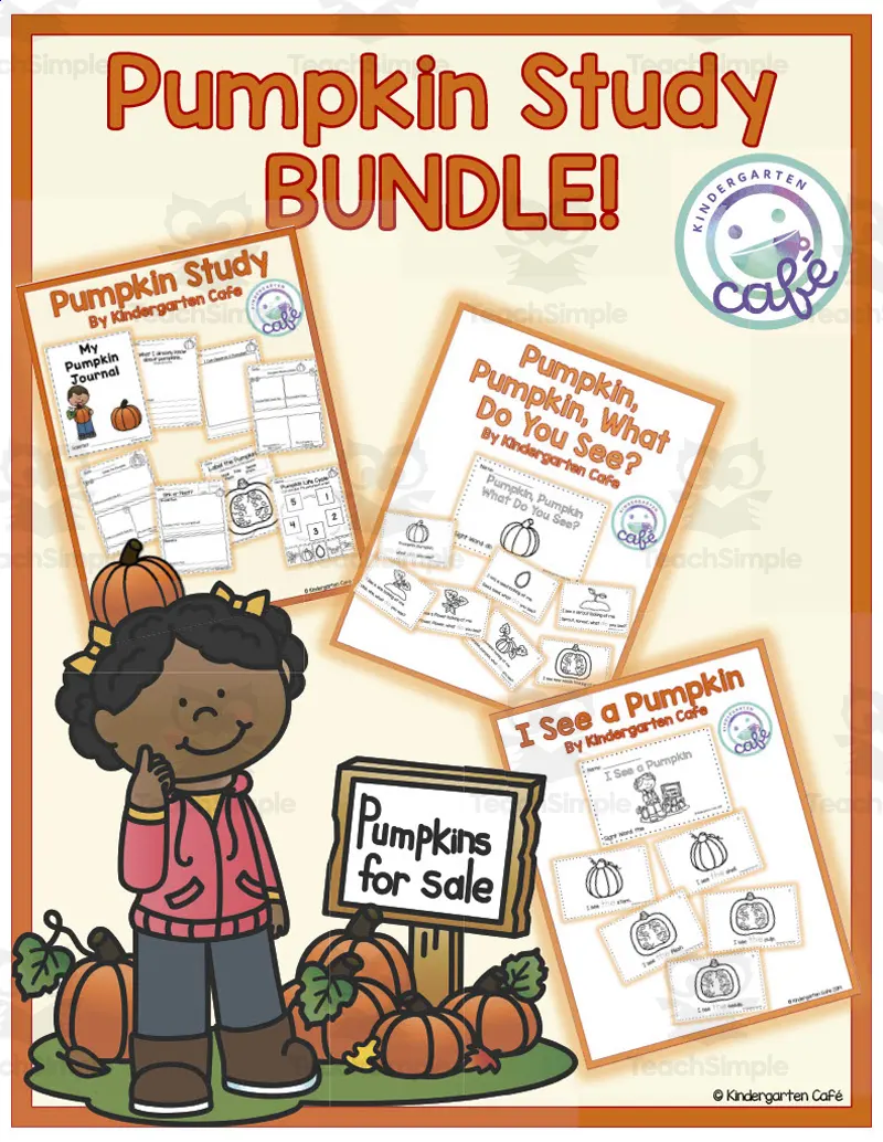 An educational teaching resource from Kindergarten Cafe entitled Pumpkin Study Bundle downloadable at Teach Simple.