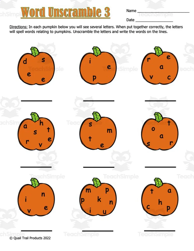 Pumpkin Word Scramble and ELA Activities by Teach Simple