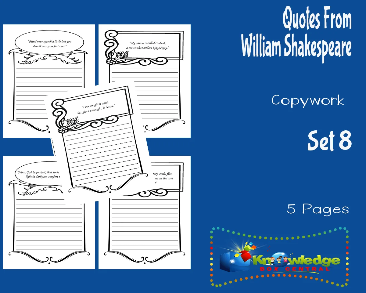 An educational teaching resource from Knowledge Box Central entitled Quotes From William Shakespeare Copywork : Set 8 downloadable at Teach Simple.