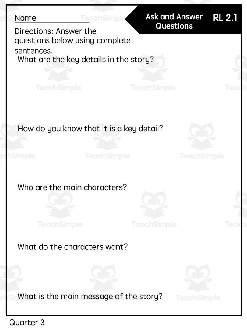 An educational teaching resource from Rebecca Hurd entitled Reading Quick Check: RL 2.1 Ask and Answer - 3rd Quarter downloadable at Teach Simple.