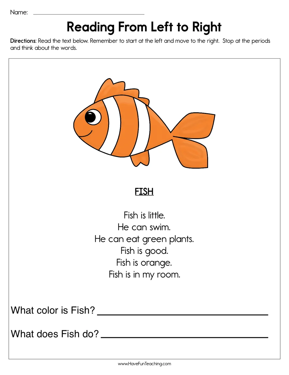 An educational teaching resource from Have Fun Teaching entitled Reading Sentences from Left to Right Worksheet downloadable at Teach Simple.