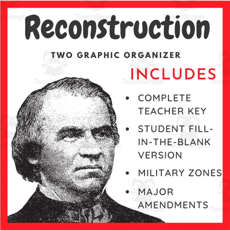 An educational teaching resource from Dr. Will Pulgarin entitled Reconstruction 1865-1877 - Two Graphic Organizers downloadable at Teach Simple.