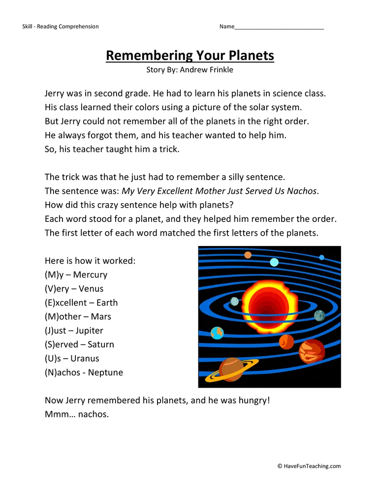 An educational teaching resource from Have Fun Teaching entitled Remembering Your Planets Reading Comprehension Worksheet downloadable at Teach Simple.