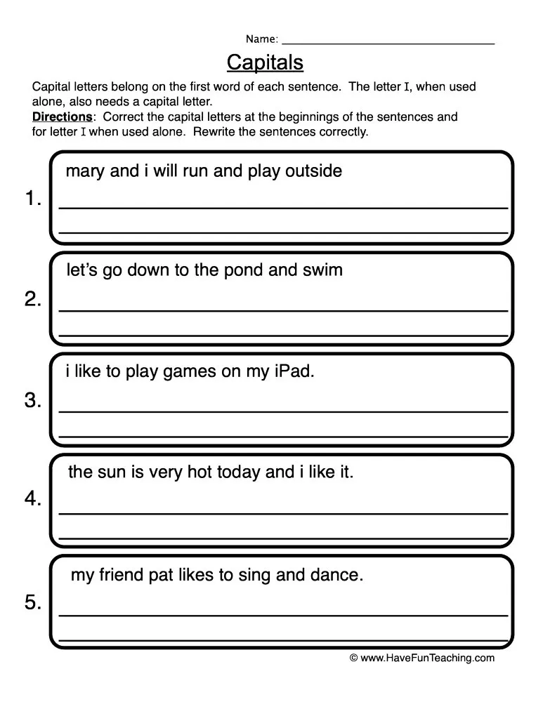 An educational teaching resource from Have Fun Teaching entitled Rewriting Capitalization Worksheet downloadable at Teach Simple.