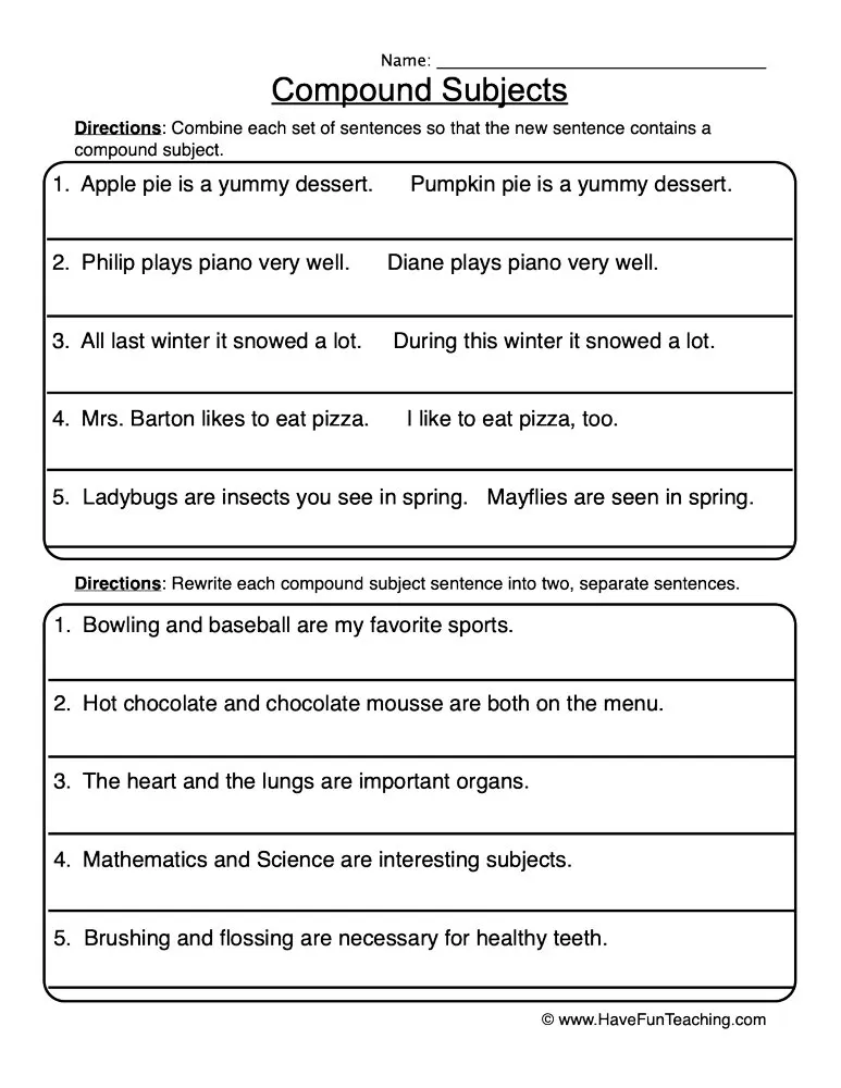 An educational teaching resource from Have Fun Teaching entitled Rewriting Compound Subjects Worksheet downloadable at Teach Simple.