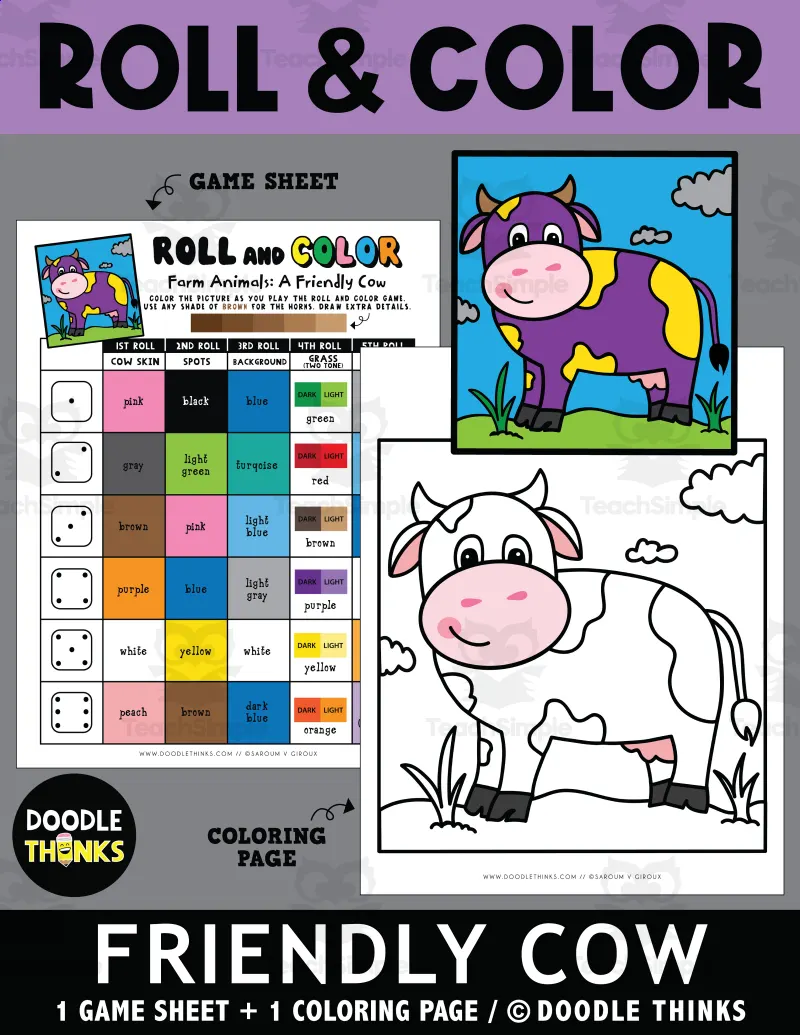 An educational teaching resource from Doodle Thinks entitled Roll and Color A Friendly Cow Game Sheet and Coloring Page downloadable at Teach Simple.