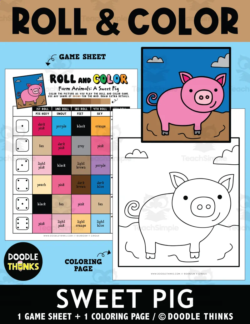 An educational teaching resource from Doodle Thinks entitled Roll and Color A Sweet Pig Game Sheet and Coloring Page downloadable at Teach Simple.