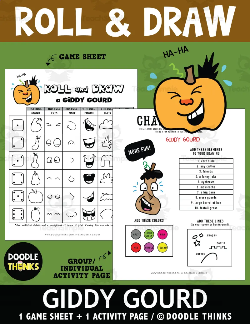 An educational teaching resource from Doodle Thinks entitled Roll and Draw A Giddy Gourd Game Sheet and Group Activity downloadable at Teach Simple.