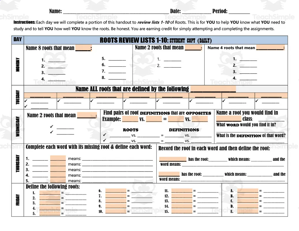 An educational teaching resource from Zrinka Smith entitled Root Words Review List Set 1 downloadable at Teach Simple.