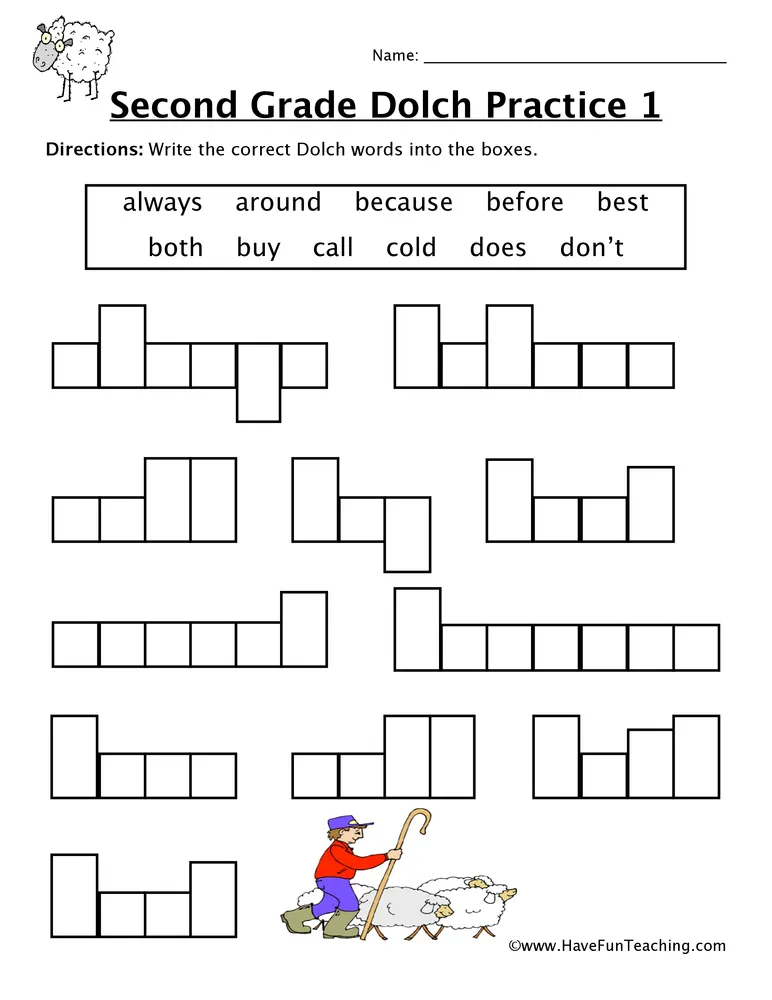 An educational teaching resource from Have Fun Teaching entitled Second Grade Sight Words A to D Worksheet downloadable at Teach Simple.