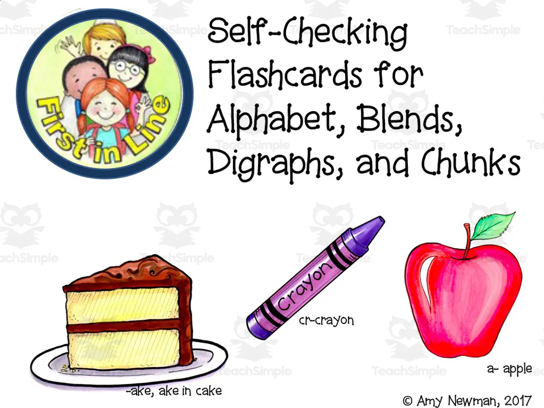 An educational teaching resource from First in Line entitled Self-Checking Flash Cards | Alphabet, Blends, Digraphs & Chunks downloadable at Teach Simple.