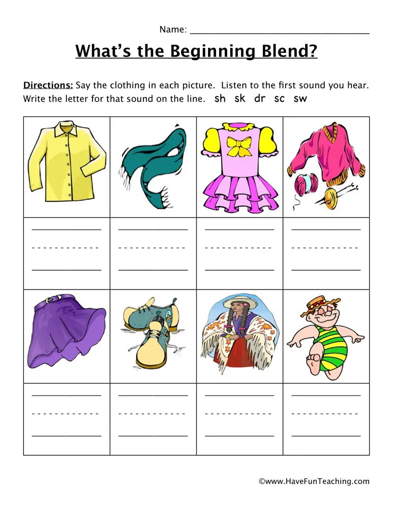 An educational teaching resource from Have Fun Teaching entitled SH, SK, DR, SC, SW Beginning Sounds Worksheet downloadable at Teach Simple.