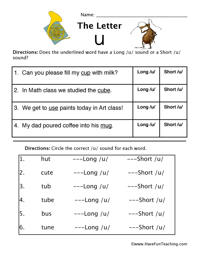 An educational teaching resource from Have Fun Teaching entitled Short and Long Vowel U Worksheet downloadable at Teach Simple.