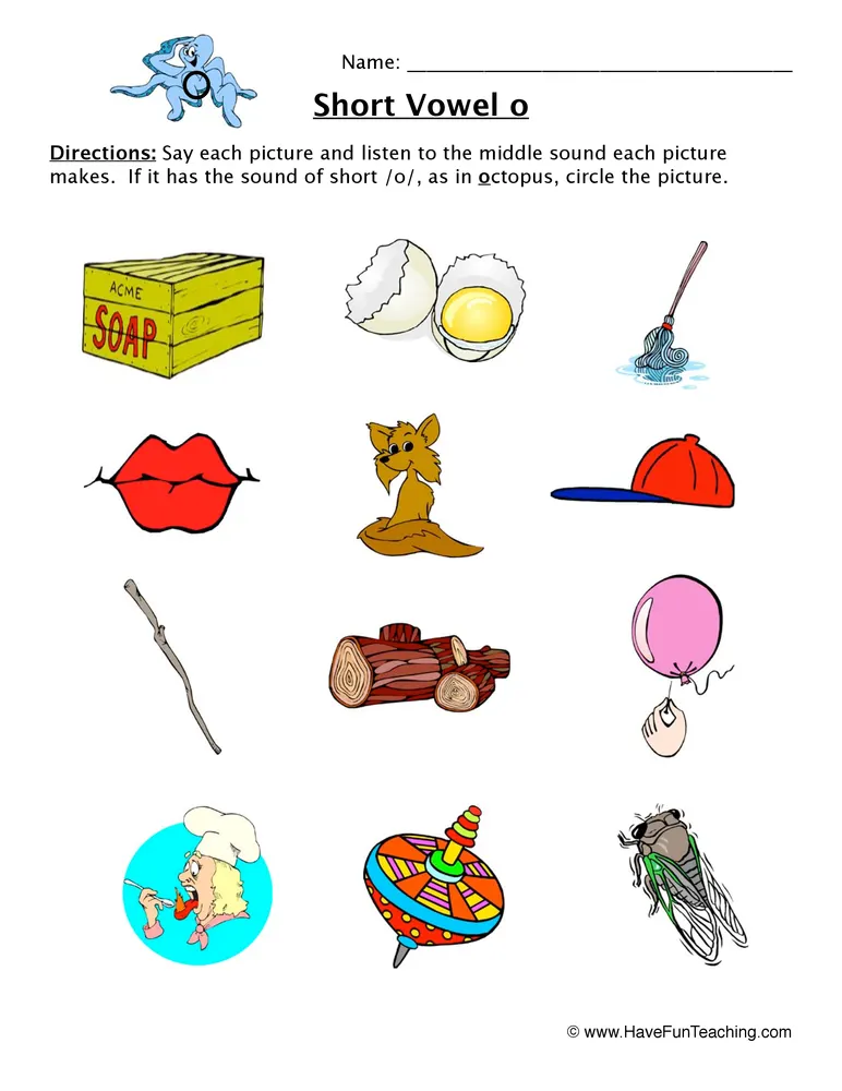 An educational teaching resource from Have Fun Teaching entitled Short Vowel Sounds O Worksheet downloadable at Teach Simple.