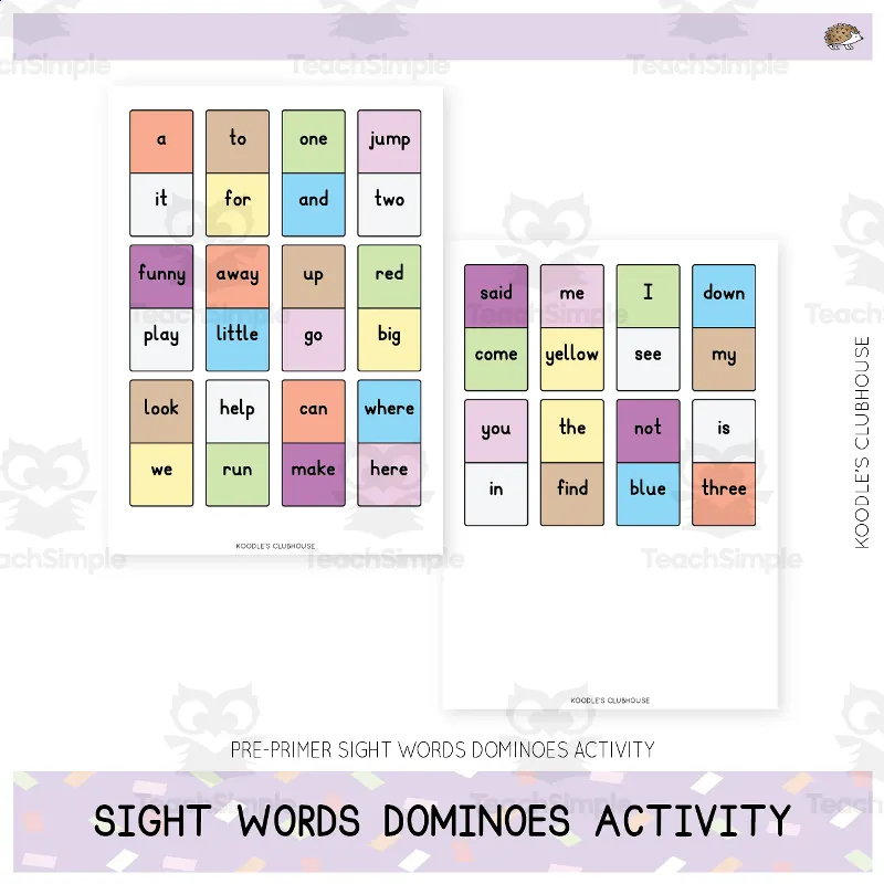 An educational teaching resource from Koodles Clubhouse entitled Sight Words Dominoes Activity downloadable at Teach Simple.