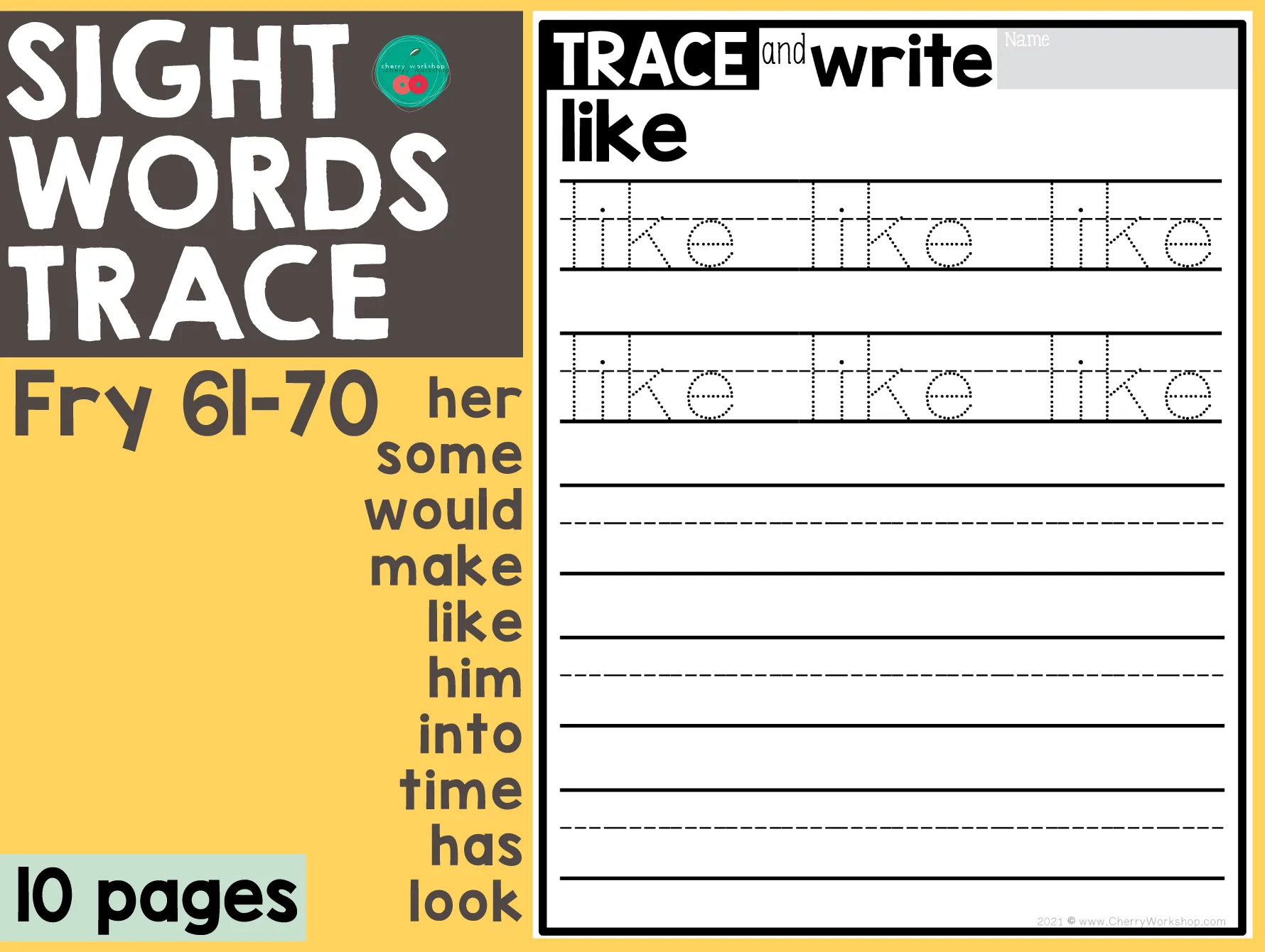 An educational teaching resource from Cherry Workshop entitled Sight Words Trace Fry 61-70 (set of 100) downloadable at Teach Simple.