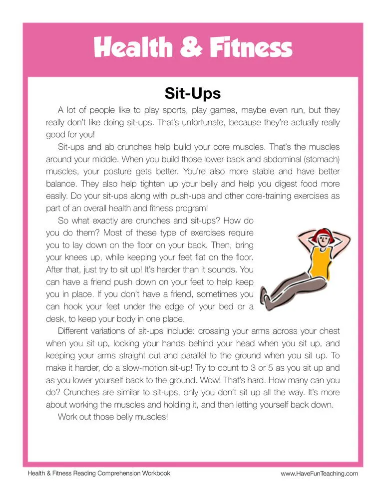 An educational teaching resource from Have Fun Teaching entitled Sit Ups Health and Fitness Reading Comprehension Worksheet downloadable at Teach Simple.