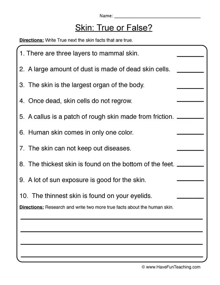 An educational teaching resource from Have Fun Teaching entitled Skin True or False Worksheet downloadable at Teach Simple.