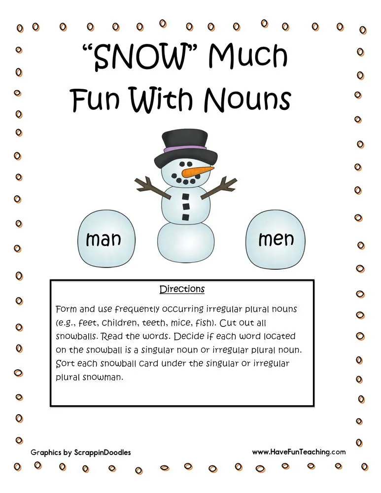 An educational teaching resource from Have Fun Teaching entitled Snow Much Fun With Nouns Regular Irregular Nouns Activity downloadable at Teach Simple.