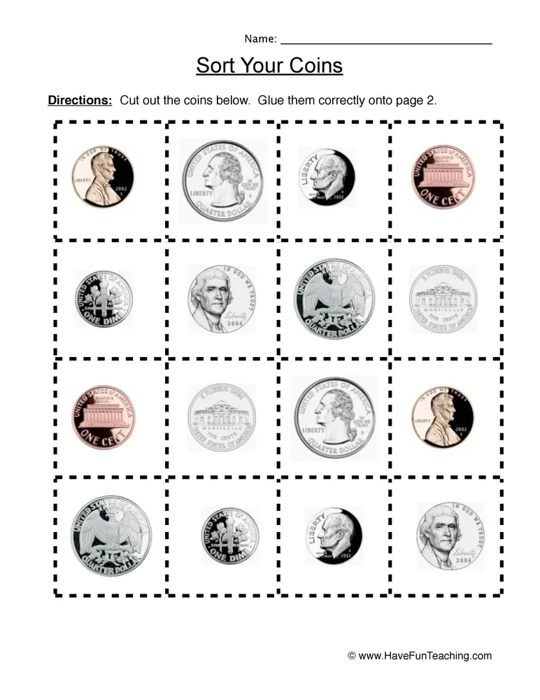 Sorting Coins Worksheet by Teach Simple